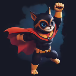 a cat with blue eyes and red cape