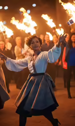 there is a woman with fire in the air