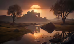 a sunset scene with a castle and trees