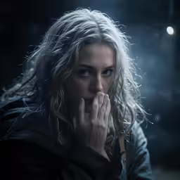 a woman with long blonde hair has her hand on her face and a blue eyeshade