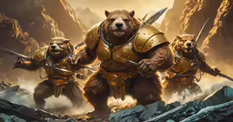 three grizzly bears and their companions in their outfits