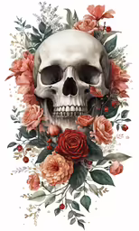 a skull and rose bouquet with red and yellow flowers