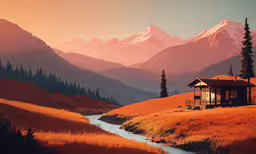 a beautiful home sitting on a hillside under the sunset,a cabin in a field with a stream under a sunset sky