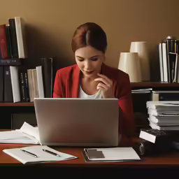woman on computer screen surrounded by books and papers