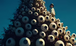 there is a very tall statue of little skulls on top of the structure