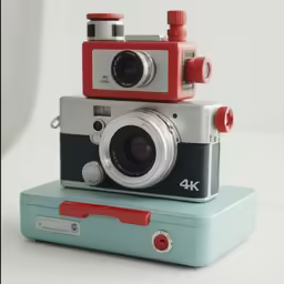 two old - school cameras sit on top of a suitcase