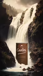 a canned product sits on a waterfall for advertising
