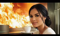 the woman smiles in front of an intense fire