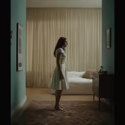 a woman is standing in a room with curtains and a bed