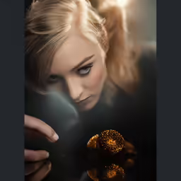woman staring down at a chocolate ball on her left side