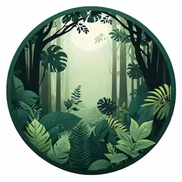 a round poster of jungle print with trees and leaves