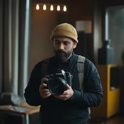 man in black jacket holding up camera taking photo