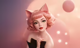 a painting of a pink haired woman with pink eyes and ears