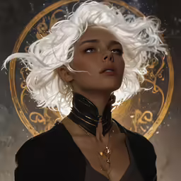 a woman wearing a black coat and gold necklace