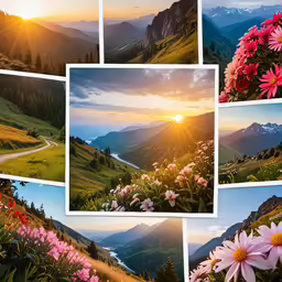 a variety of flowers in the foreground on top of a mountain