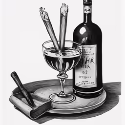 a bottle of wine and some sticks in the glass