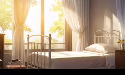 a small twin bed and dresser in front of a window
