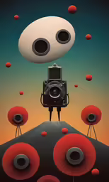 a poster of a photographer is flying in the air with four cameras