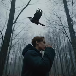 a woman watches a bird flying overhead above her head
