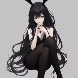 a woman wearing long black hair and black stockings