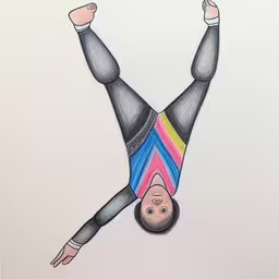 a drawing of a young man in a colorful shirt and tie holding his legs up upside down,drawing a male acrobath performing a handstand
