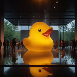 the reflection of people and yellow rubber duck in the floor