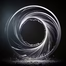 an abstract sculpture made of small white strips on a black background