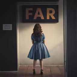 woman standing in front of fair sign staring down