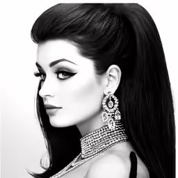 black and white photograph of a woman wearing crystal earrings