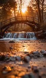 the water is flowing under the bridge in the woods