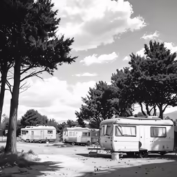 black and white photograph of four rvs parked in a field