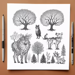 various pictures of animals drawn on a paper