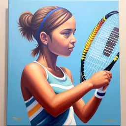 a painting of a girl with a tennis racket,a painting of a woman holding a tennis racket