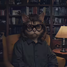 a cat dressed in glasses sits next to a lamp