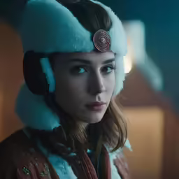 woman in medieval clothing with an ear piece and fur hat