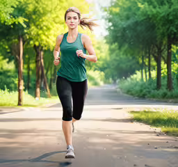 a woman running down a country road,a woman is running down a street on a sunny day