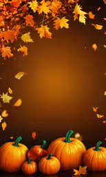 a group of pumpkins are surrounded by leaves,orange pumpkins with falling leaves around them against a dark background