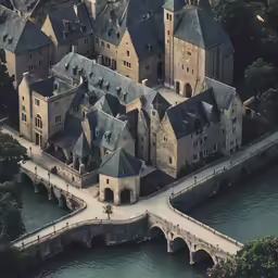 a old house next to a bridge in the middle of a body of water