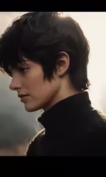 a person with short black hair wearing a dark top