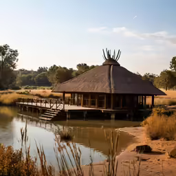 the gazebo is near the lake and dock for people to relax