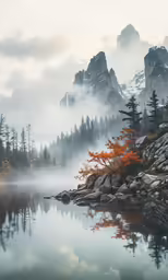 fog in the forest along the lake with mountains