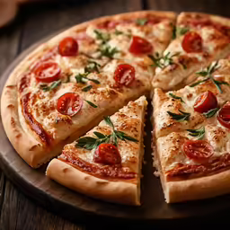 a sliced pizza sits on top of a wooden board