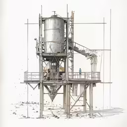 an ink drawing shows a silo on top of a structure