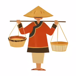 an asian lady with a hat carrying a basket
