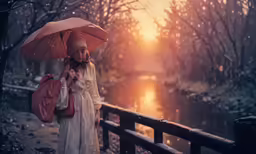 girl in vintage outfit holding umbrella next to fence