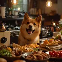 a dog standing next to a table filled with food