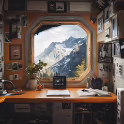 a window with a view of mountains are seen through the office area
