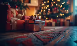 two wrapped presents sitting on the floor by a christmas tree