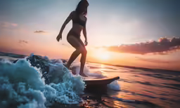 the woman is surfing in the ocean at sunset