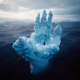 this photo depicts a massive hand that has fallen apart and is visible as people climbing from it